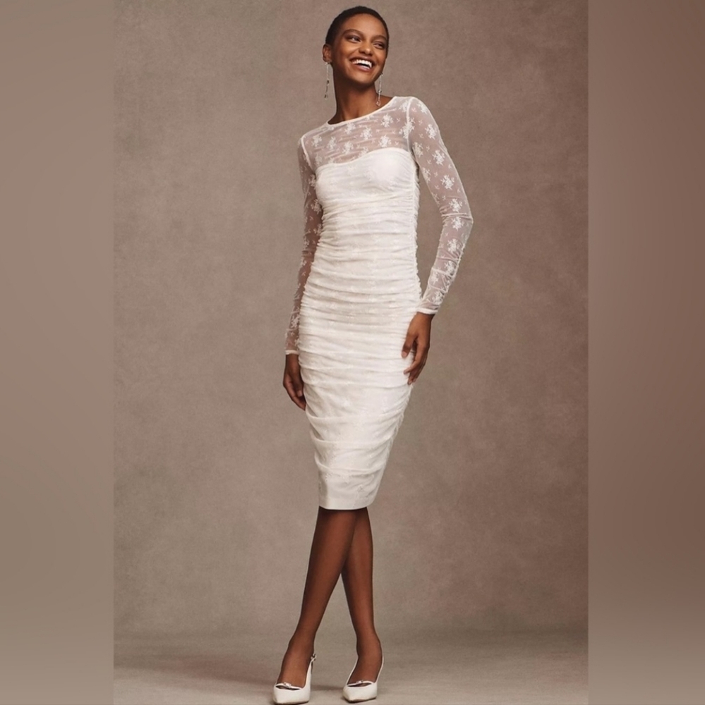 BHLDN Bailee Stretch ivory lace rouched dress size medium